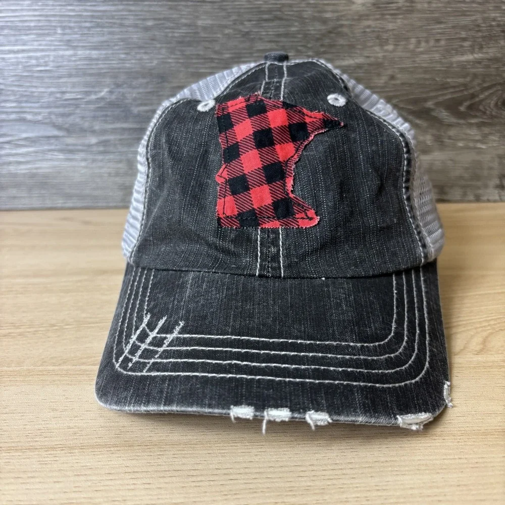 Minnesota Hat Cap Strap Back Black Gray Mesh Trucker Plaid Patch Red Mens